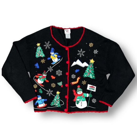 Vintage Nutcracker Christmas Cardigan Black Sweater Snowman Trees Embroidered XL - Picture 2 of 10